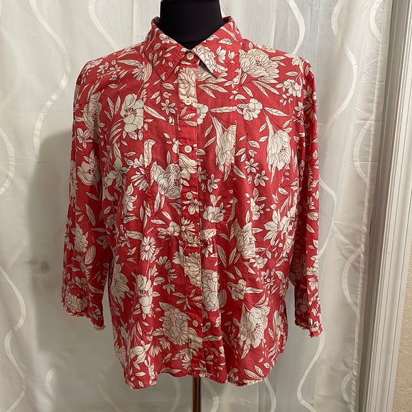 Van Heusen Tops - Van Heusen Coral & Beige Floral Print Button Down Blouse, Size XL